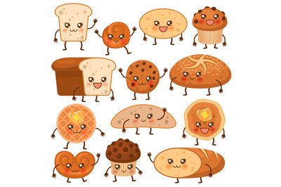 Bread characters. Funny bakery food faces icons, emoji cupcakes, pretz