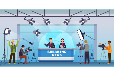 Live news. Broadcasting production studio, mass media television with