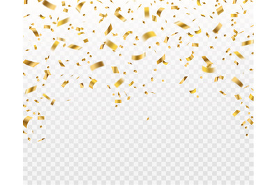 Golden confetti. Falling gold foil ribbons, flying yellow glitter. Chr