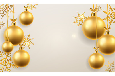 Christmas ball background. Golden xmas tree toys spheres hanging, deco