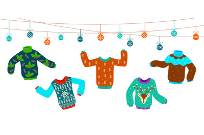 Ugly christmas sweater. Dancing knitting sweaters, xmas jumpers vector