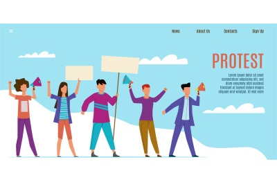 Protest landing page. Protesting activists with loudspeakers, people w