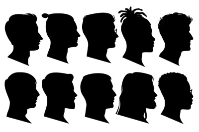 Silhouette man heads in profile. Black face outline avatars, professio