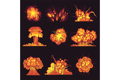 Cartoon explosions. Bomb explosion, fire bang with smoke effect. Explo