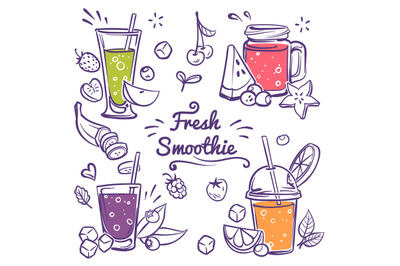 Smoothies. Detox diet drinks in different bottle, cup with fresh fruit