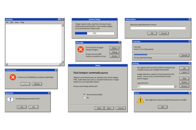 Old user interface. Browser window, error message popup dialog box wit