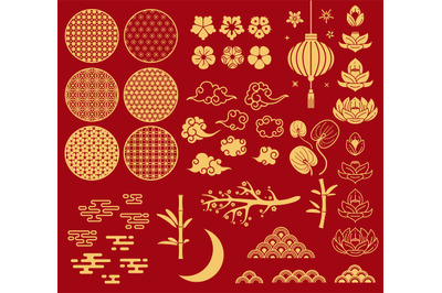 Chinese new year elements. Festive asian ornaments, patterns in orient