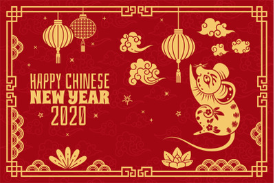 Chinese new year. 2020 red concept with golden rat, traditional orient