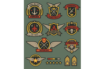 Military army badges. Patches, soldier chevrons with ribbon and star.