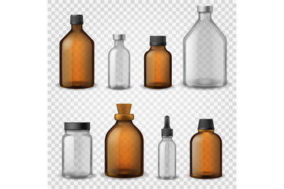 Medical glass bottles. 3d realistic brown blank packaging&2C; pharmacy sy