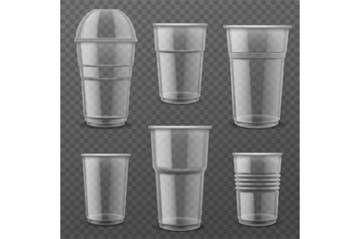 Transparent plastic disposable cups. Empty glasses various size for co