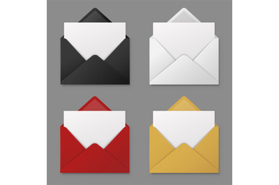 Open envelope. Black, red and white, yellow mail envelopes with blank