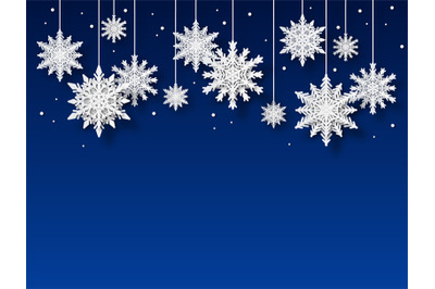 Snowflakes background. Papercut white snowflake shapes on blue backdro