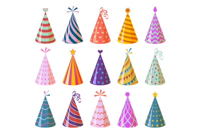 Party caps. Colorful cartoon birthday and carnival paper hats, anniver