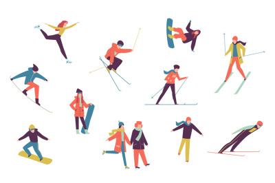 Winter sport people. Including ice skater, snowboarder and skier isola