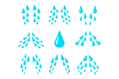 Cartoon tears. Cry, water and sweat drops, eye droplets. Teardrop rain