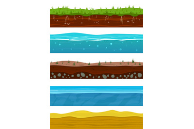 Soil layers. Game ground surfaces with land grass, dried desert sand,