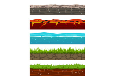 Ground seamless levels. Game earth surfaces with land grass, dried soi