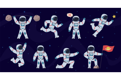 Cartoon astronaut. Cosmonaut characters in different poses running, st