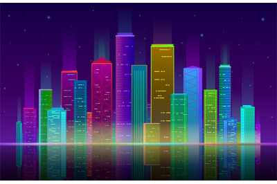 Night city. Futuristic cityscape with bright and glowing neon purple a