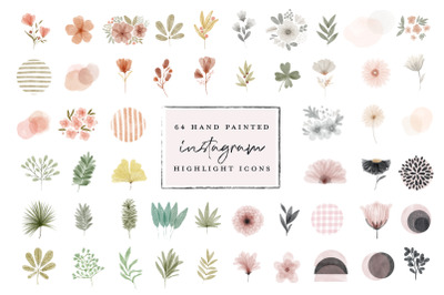 64 Instagram Highlight Icon bundle - watercolor hand painted