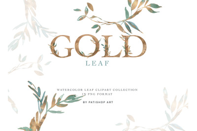 Gold Leaf Watercolor Clipart &amp; Alphabet