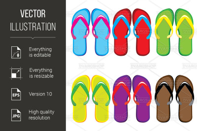 Six pairs of colorful flip flops