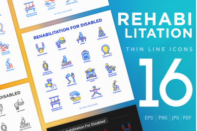 Rehabilitation for disabled | 16 Thin Line Icons Set