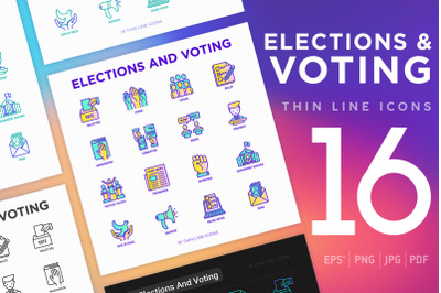 Elections And Voting | 16 Thin Line Icons Set