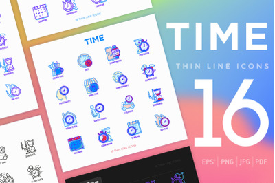 Time | 16 Thin Line Icons Set