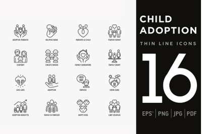 Child Adoption | 16 Thin Line Icons Set