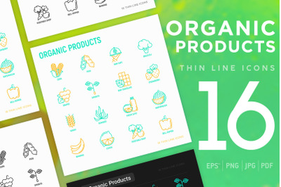 Organic Products | 16 Thin Line Icons Set