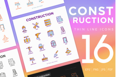 Construction | 16 Thin Line Icons Set