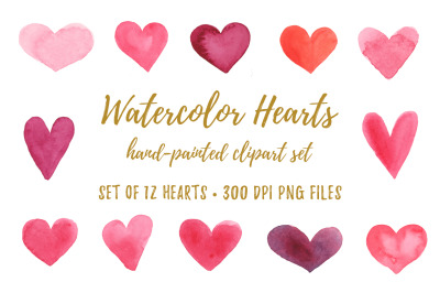 Watercolor Hearts Clipart PNG JPG