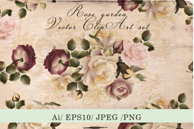 Vintage rose garden vector clip art illustrations set