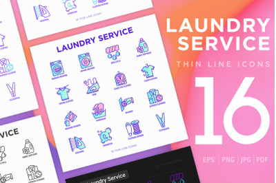 Laundry Service | 16 Thin Line Icons Set
