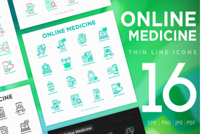 Online Medicine | 16 Thin Line Icons Set