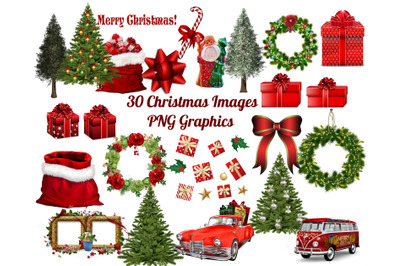 30 Christmas Clip Art Images, PNG Bundle