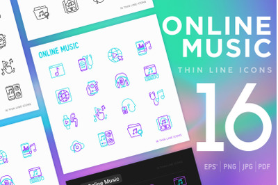 Online Music | 16 Thin Line Icons Set
