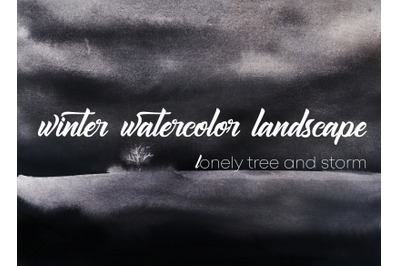 winter watercolor landscape, lonely tree and storm
