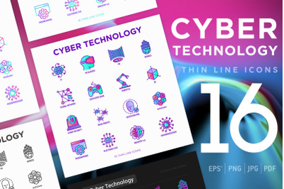 Cyber Technology | 16 Thin Line Icons Set
