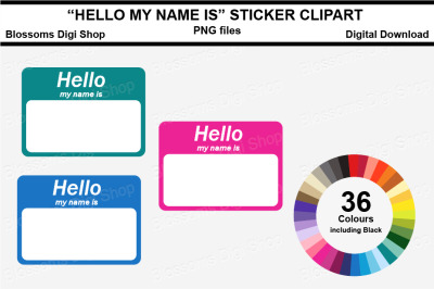 Hello my name is Sticker Clipart, 36 files, multi colours