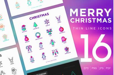 Merry Christmas | 16 Thin Line Icons