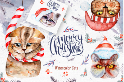Christmas CATS Watercolor Clipart