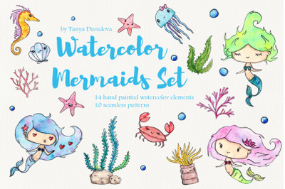 Watercolor mermaids &amp; ocean elements