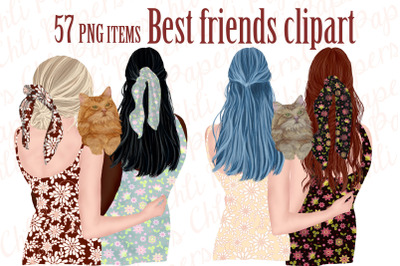 Best Friends Clipart,Girls and Cats, Cat clipart