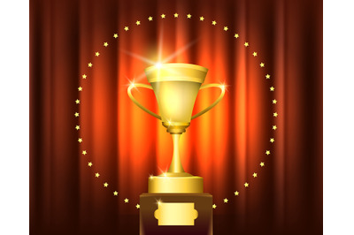 Golden Trophy Cup Award in circle of stars on red curtain. Winner cere