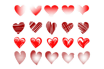 Set of Red hearts emblem Drawn in different styles isolated on white.