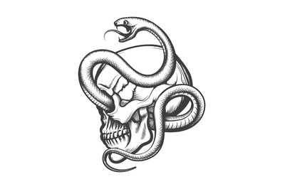 Tattoo of Human Skull in side view Entwined By Snake drawn in Engravin