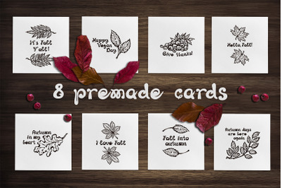 8 hand drawn cards with leaves and text